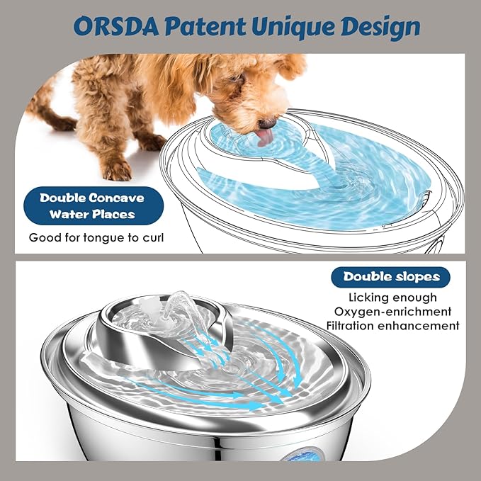 ORSDA Stainless Steel Cat Water Fountain, Automatic Pet Drinking Fountain, 100oz/3L Dog Water Dispenser with LED Water Level Window- 9Pcs Filters（ D66